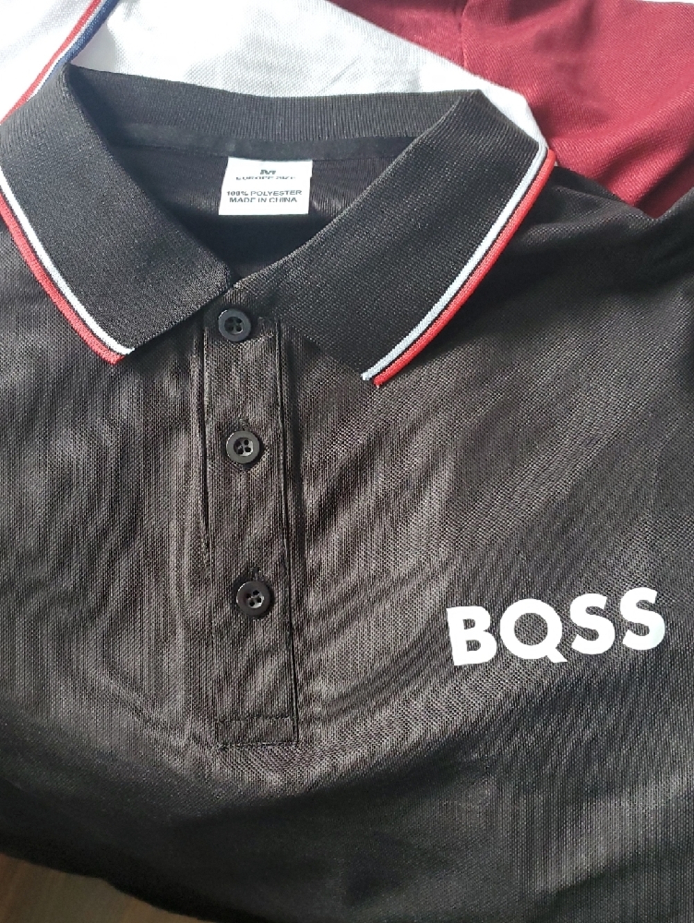 BQSS European Style Black, Burgundy, White And Blue Polo with Red-Trim Collar - Picture 4 of 9